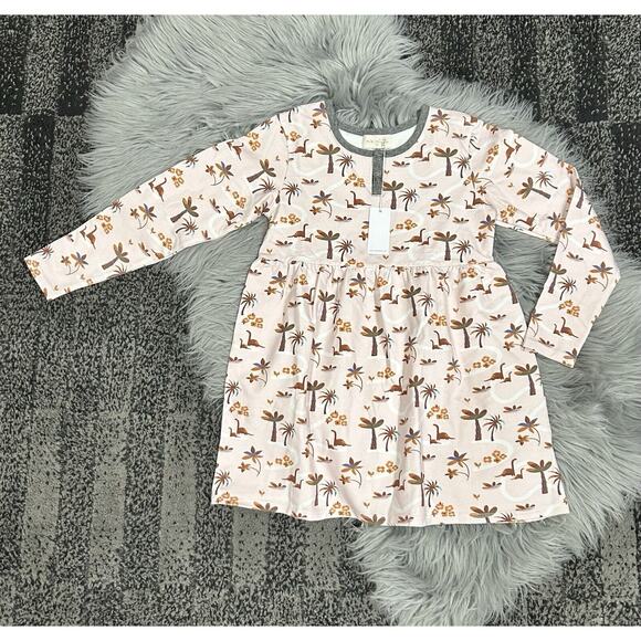 Miki Miette Liv Long Sleeve Dress Sauropod Dinosaur Size 7Y New - Picture 1 of 2